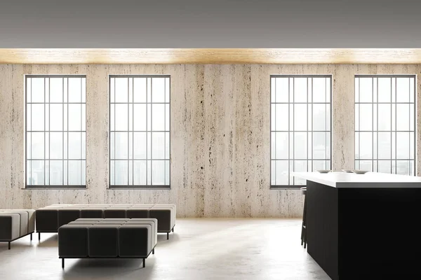 Çağdaş beton mutfak iç şehir görünümü, gün ışığı ve Kopyala alanına sahip. Reklam ve stil kavramı. Alay etmek yukarıya, 3d render 