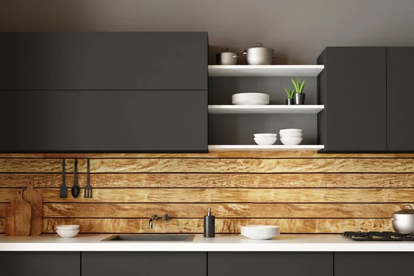 Interior Cozinha Moderna Com Espaço Cópia Móveis Balcões Eletrodomésticos Utensílios — Fotografia de Stock