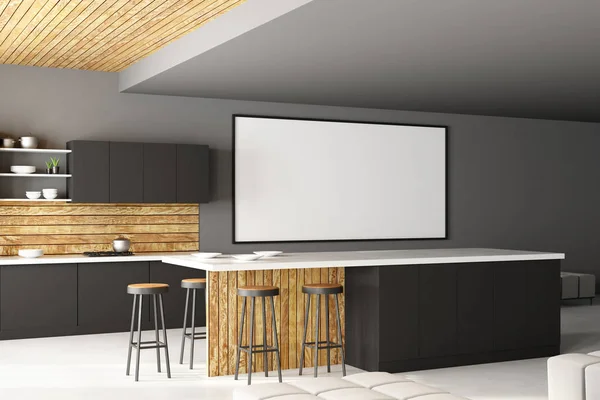 Interior Dapur Modern Dengan Furnitur Dan Poster Kosong Dinding Konsep — Stok Foto