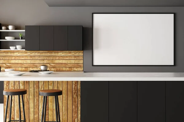 Interior Moderno Cozinha Loft Com Móveis Cartaz Branco Parede Conceito — Fotografia de Stock