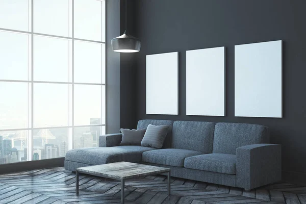 Modernes Wohnzimmerinterieur Mit Stadtpanorama Couch Tisch Lampen Und Werbetafel Der — Stockfoto