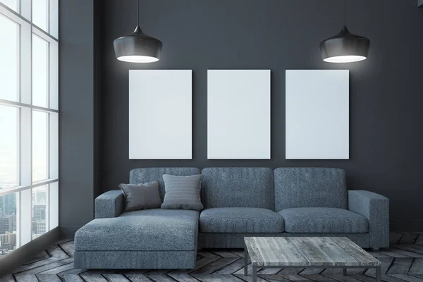 Modernes Wohnzimmerinterieur Mit Stadtpanorama Couch Tisch Lampen Und Poster Der — Stockfoto