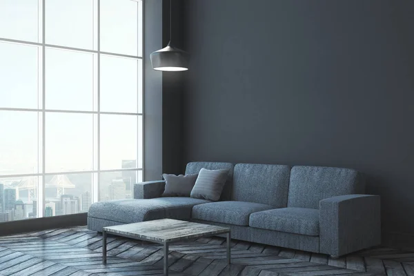 Modernes Wohnzimmerinterieur Mit Panoramablick Auf Die Stadt Couch Tisch Lampen — Stockfoto