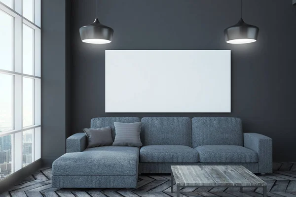 Modernes Wohnzimmerinterieur Mit Stadtpanorama Couch Tisch Lampen Und Banner Der — Stockfoto