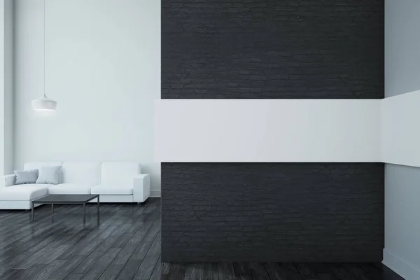 Modern Living Room Interior Furniture Banner Brick Wall Mock Rendering — Stock Photo, Image