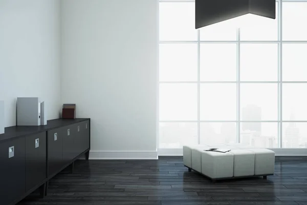 ホワイト家具でオフィスのインテリア 壁と街の眺め上の領域をコピーします レンダリングを模擬 — ストック写真