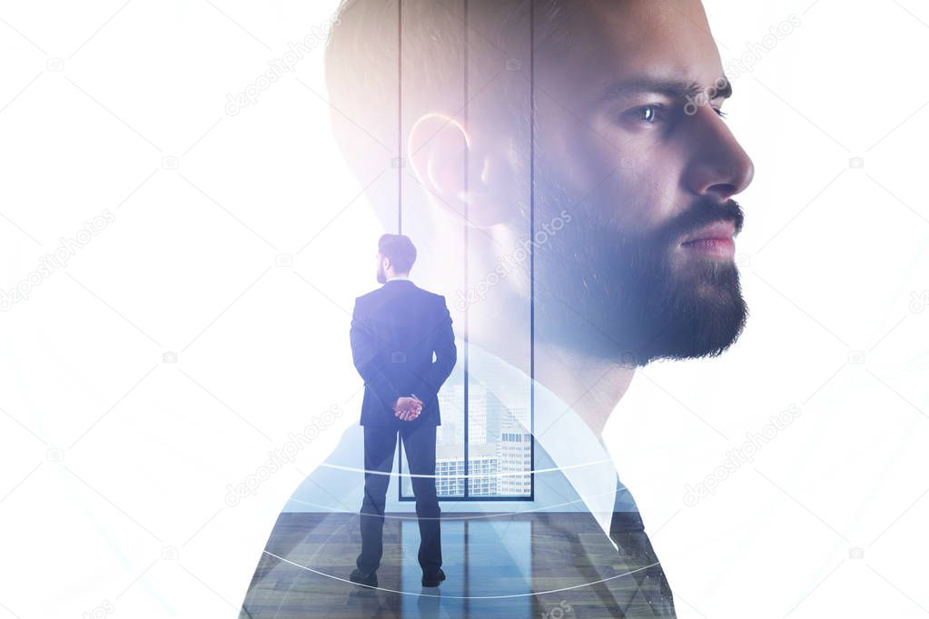 Portrait of thoughtful young european businessman standing in modern office on white city background. Research and success concept. Double exposure 