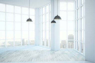 Boş temiz beyaz oda iç panoramik kent manzaralı, gün ışığı ve lambalar. 3D render 