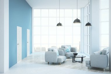 Çağdaş aydınlık oturma odası iç mobilya ve şehir manzaralı. 3D render 