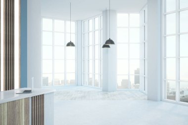 Modern beyaz ofis lobi iç şehir görünümü, gün ışığı ve Kopyala alanına sahip. Alay etmek yukarıya, 3d render 