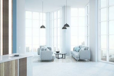 Modern beyaz ofis lobi iç şehir manzaralı, gün ışığı ve mobilya ile. Alay etmek yukarıya, 3d render 