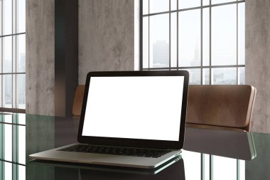Cam ofis masası üzerinde boş beyaz dizüstü kapatın. Alay etmek yukarıya, 3d render 