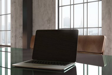 Cam ofis masası üzerinde temiz laptop kapatın. Alay etmek yukarıya, 3d render 