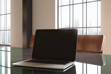 Cam ofis masası üzerinde boş dizüstü kapatın. Alay etmek yukarıya, 3d render 