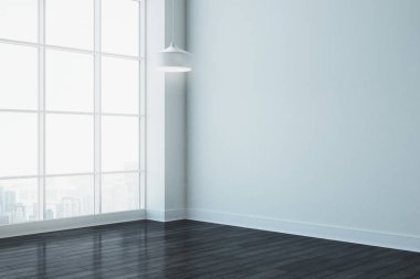 Şehir görünümü ve kopya alanı temiz beyaz oda. Alay etmek yukarıya, 3d render 