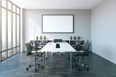 Modern toplantı Oda boş poster ve gün ışığı ile iç. Alay etmek yukarıya, 3d render 