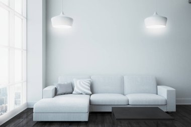 Çağdaş salon iç kanepe, şehir manzaralı ve beyaz kopya alanı duvarda. Alay etmek yukarıya, 3d render 
