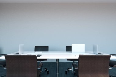 Beyaz ofis toplantı odası iç kopya alanı beton duvar ile. Alay etmek yukarıya, 3d render 