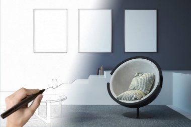 El çizimi modern oturma odası iç boş posteri ile. Mühendislik kavramı. Alay etmek yukarıya, 3d render