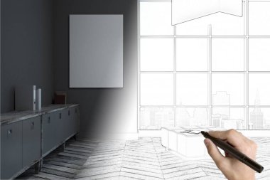 El çizimi karanlık oturma odası iç boş posteri ile. Mühendislik kavramı. Alay etmek yukarıya, 3d render