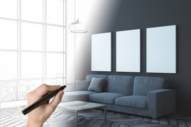 El çizimi şık salon iç boş posteri ile. Mühendislik kavramı. Alay etmek yukarıya, 3d render