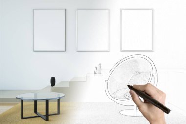 El çizimi çağdaş salon iç boş posteri ile. Mühendislik kavramı. Alay etmek yukarıya, 3d render