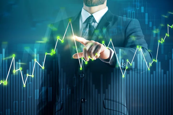 İş grafik bulanık arka plan üzerinde gösteren iş adamı. Ticaret ve yönetim kavramı. Çift Pozlama 