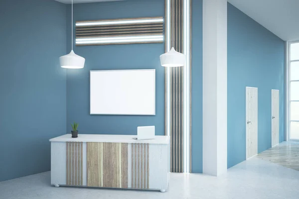 Interior Moderno Del Vestíbulo Oficina Azul Con Cartel Muebles Vacíos — Foto de Stock