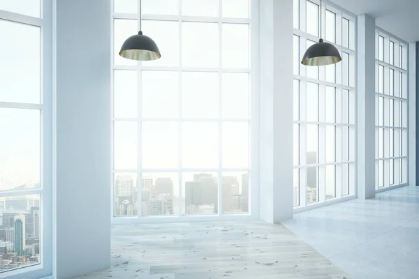 空的现代白色房间内部与全景城市看法 日光和灯 — 图库照片