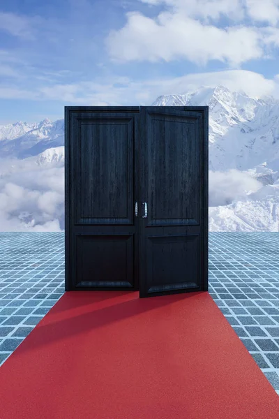 红地毯导致微微打开门 成功和梦想的概念 — 图库照片