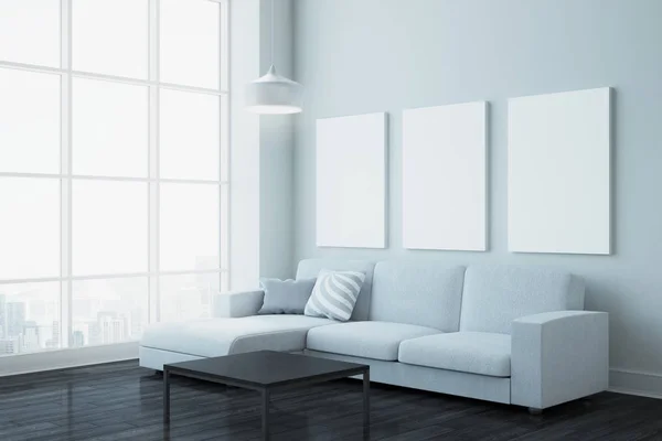 Modern Living Room Interior City View Furniture Empty Banner Wall — Stock Photo, Image