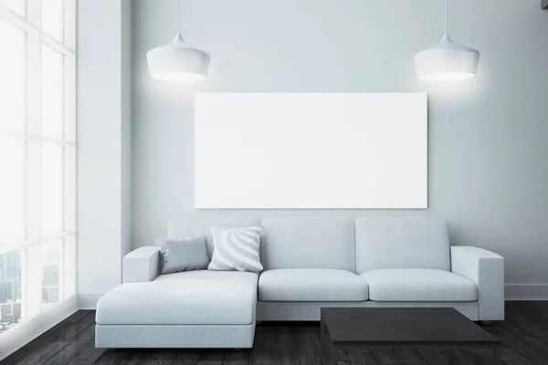 Modern Living Room Interior City View Furniture Empty Billboard Wall — Stock Photo, Image