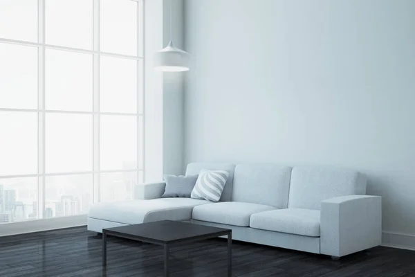 现代客厅内有沙发 城市景观和白色复制空间在墙上 — 图库照片