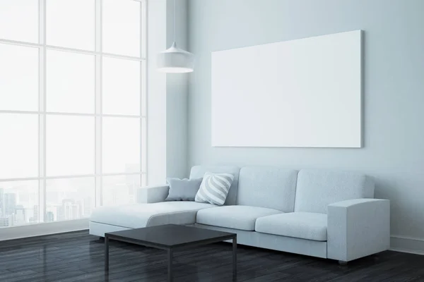Modernes Wohnzimmerinterieur Mit Stadtblick Möbeln Und Leeren Plakaten Der Wand — Stockfoto