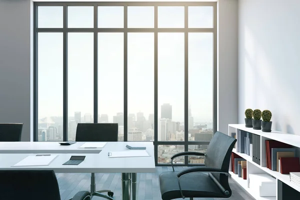 Modern conference room interior with city view, daylight and furniture. 3D Rendering