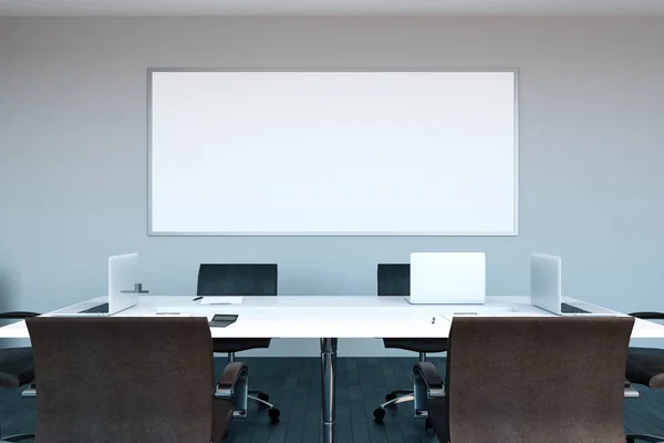 Contemporary office meeting room interior with empty banner on concrete wall. Mock up, 3D Rendering