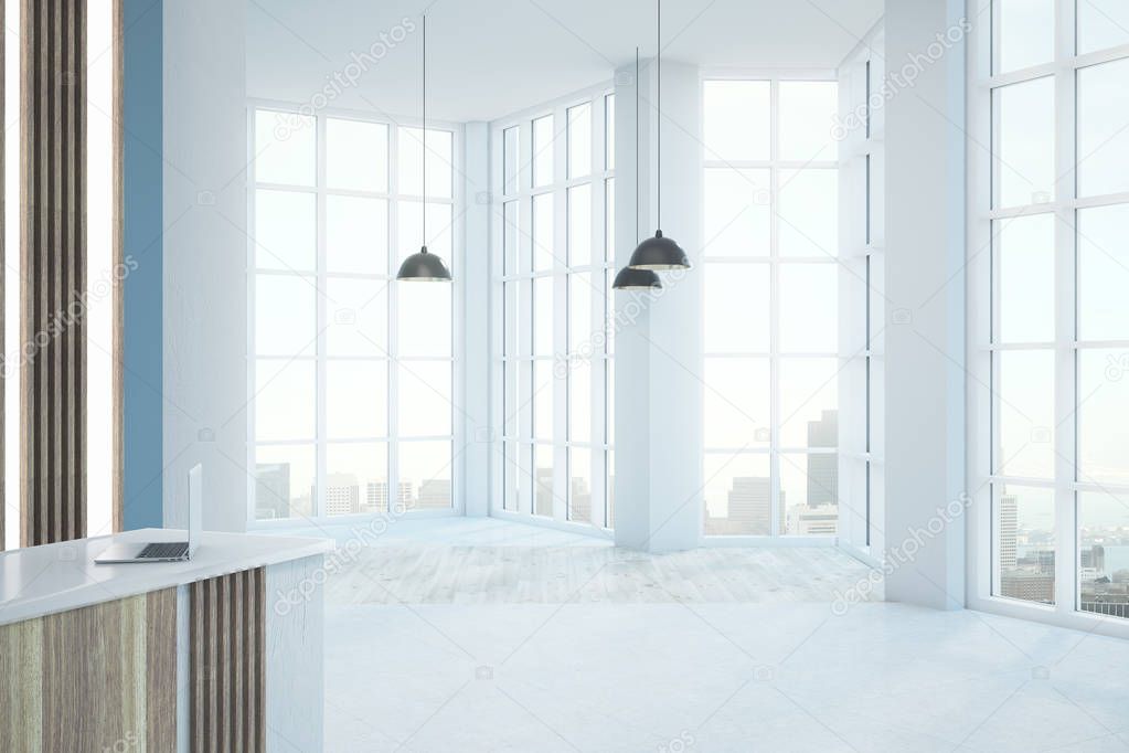 Modern white office lobby interior with city view, daylight and copy space. Mock up, 3D Rendering 