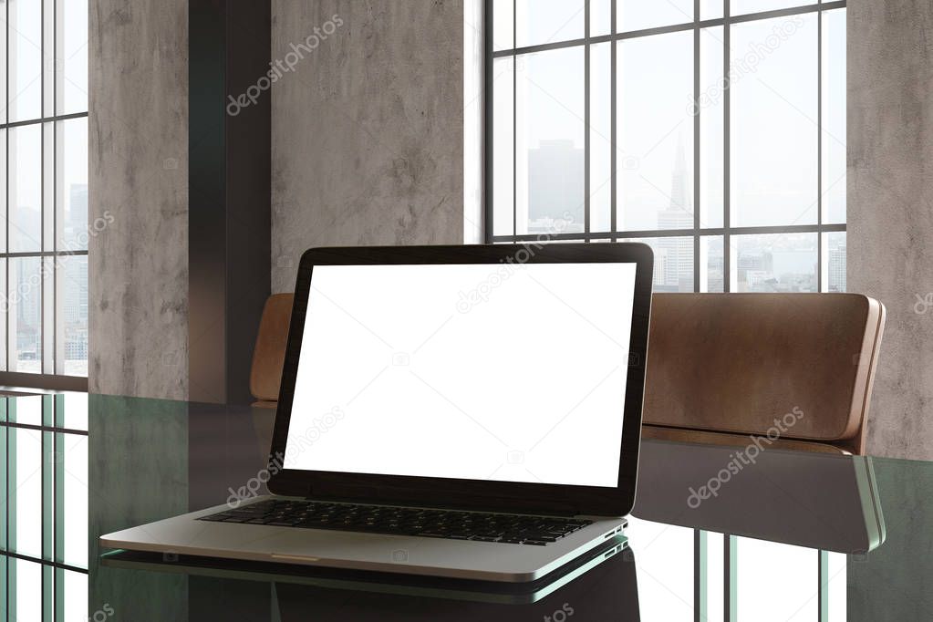 Close up of blank white laptop on glass office table. Mock up, 3D Rendering 
