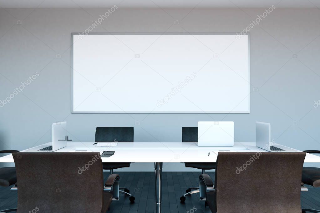 Contemporary office meeting room interior with empty banner on concrete wall. Mock up, 3D Rendering 