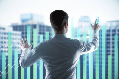 işadamı dijital algılayıcı perde ile forex grafik grafikler şehir arka plan, çok dokunaklı. 3D render