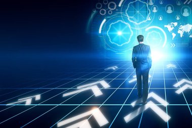 Dijital cyber sosyal arayüzü ekran simgeleri ile parlayan oklar katta yürüyüş iş adamı. 3D render