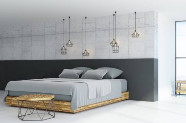Gri battaniye ve loft tarzı yatak odasında vintage ışıklar tahta yatak. 3D render