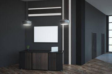 Zeminden tavana uzanan pencere loft tarzı ofiste karanlık beton duvar beyaz boş çerçeve. 3D render