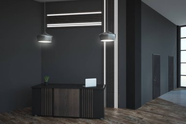 Resepsiyon masası, ahşap zemin ve kapı çatı katı tarzında iç. 3D render