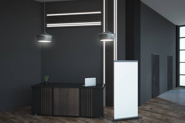 Boş beyaz poster loft ofiste modern resepsiyon masası ahşap zemin üzerinde. 3D render