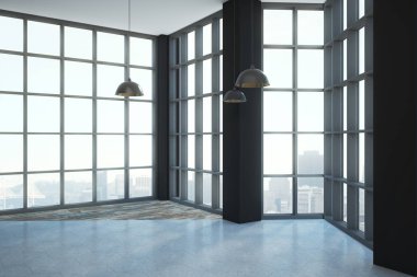 Zeminden tavana uzanan pencere ve megapolis şehir manzaralı modern loft tarzı oda boş. 3D render