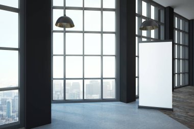Boş beyaz poster zeminden tavana uzanan pencere ve megapolis şehir manzaralı ferah çatı odasında ahşap zemin üzerinde. 3D render