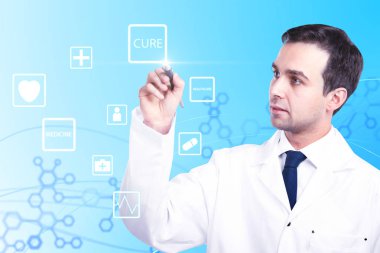 Online Tıp kavramı mavi adam ile dijital ekranda sensör kalem tarafından yazma doktor ile. 3D render