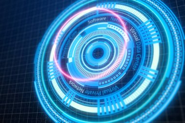 koyu mavi renk ışık soyut teknolojik altyapı ile dijital sanal özel ağ düğme. 3D render