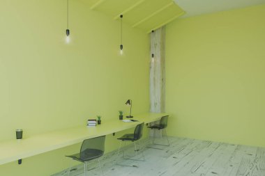 Minimalist mobilya ve ahşap zemin ışık Eko Stil Office boş yeşil duvarları. 3D render